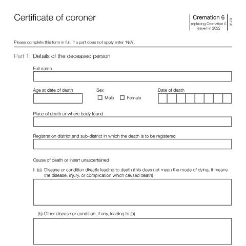 Document preview: Certificate of coroner — Ministry of Justice, United Kingdom
