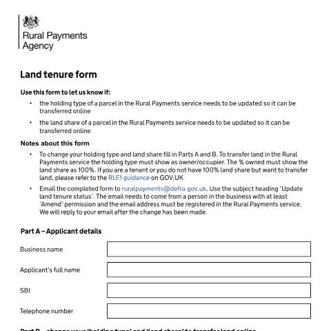 Document preview: Change land tenure form — Rural Payments Agency, United Kingdom