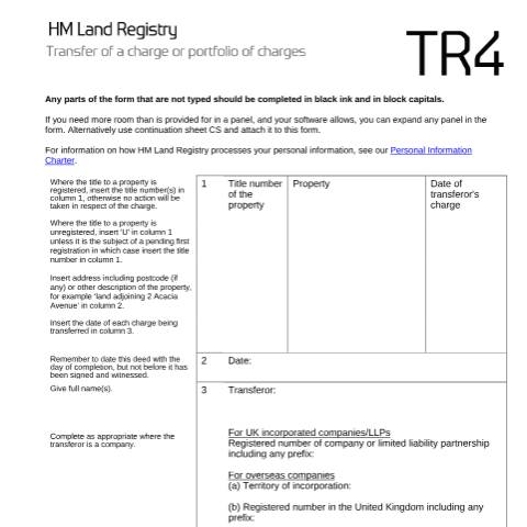 Document preview: Charge or portfolio of charges: transfer (TR4) — HM Land Registry, United Kingdom