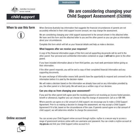 Document preview: We are considering changing your Child Support Assessment — Services Australia — Individuals (by code), Australia (CERFA n°CS2898)