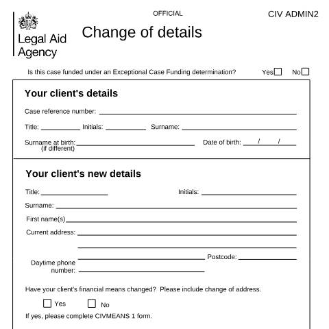 Document preview: CIV ADMIN 2: client's change of details — Legal Aid Agency, United Kingdom