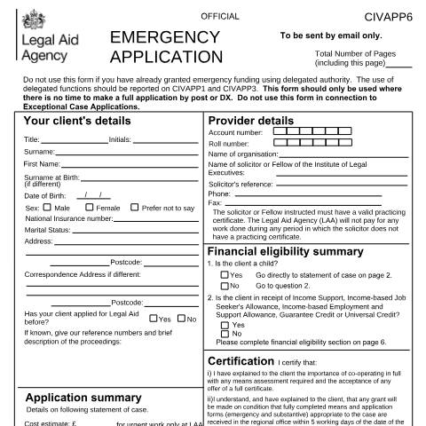 Document preview: CIV APP6: legal aid emergency application — Legal Aid Agency, United Kingdom