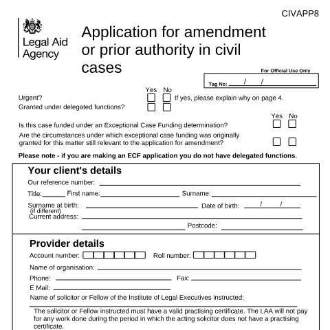 Document preview: CIV APP8: application for amendment/prior authority (civil) — Legal Aid Agency, United Kingdom