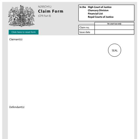 Document preview: Claim form (Chancery Division Financial List): Form N208(CHFL) — HM Courts & Tribunals Service, United Kingdom