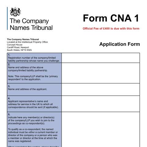 Document preview: CNA 1: Application form — Company Names Tribunal, United Kingdom