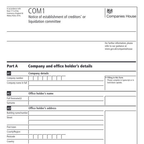 Document preview: Give notice of establishment of creditors' or liquidation committee (COM1) — Companies House, United Kingdom