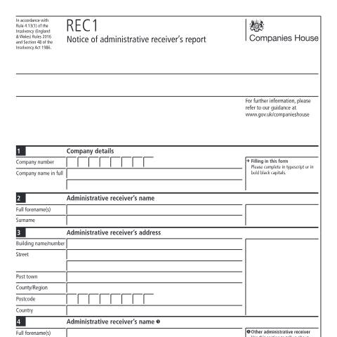 Document preview: Give notice of administrator receiver's report (REC1) — Companies House, United Kingdom