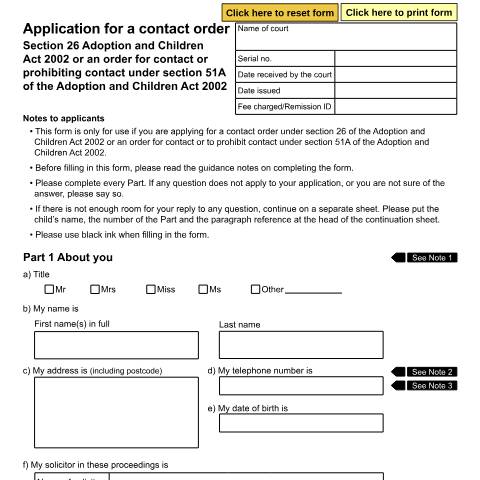 Document preview: Application for a Contact Order (Section 26 Adoption and Children Act 2002 or an order for contact or prohibiting contact under section 51A of the Adoption and Children Act 2002): Form A53 — HM Courts & Tribunals Service, United Kingdom