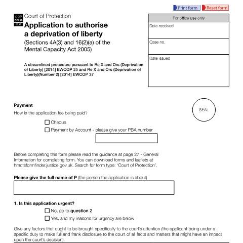 Document preview: Form COP DOL10: Apply to authorise a deprivation of liberty — HM Courts & Tribunals Service, United Kingdom