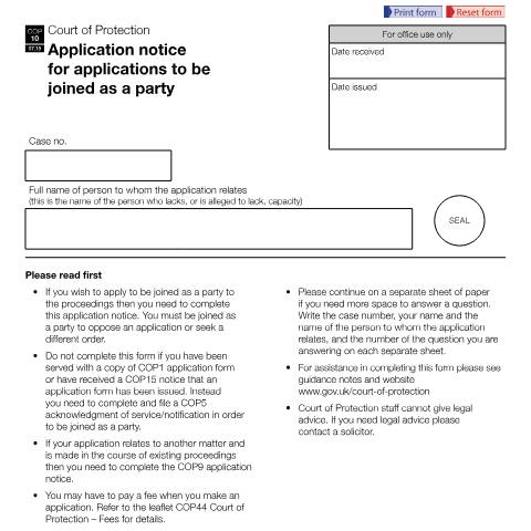 Document preview: Form COP10: Application notice for applications to be joined as a party — HM Courts & Tribunals Service, United Kingdom