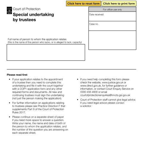 Document preview: Form COP12: Special undertaking by trustees — HM Courts & Tribunals Service, United Kingdom