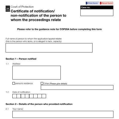 Document preview: Form COP20A: Certificate of Notification / Non-Notification of the person to whom the proceedings relate — HM Courts & Tribunals Service, United Kingdom