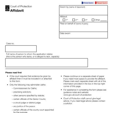 Document preview: Form COP25: Affidavit — HM Courts & Tribunals Service, United Kingdom