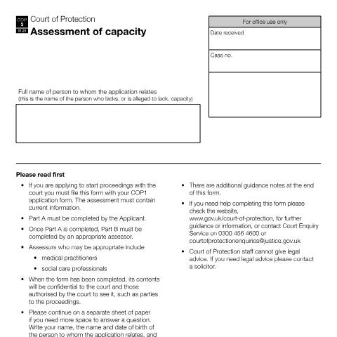 Document preview: Make a report on someone's capacity to make decisions: Form COP3 — HM Courts & Tribunals Service, United Kingdom