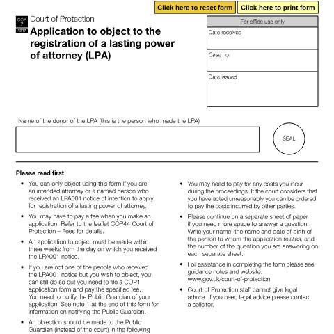 Document preview: Form COP7: Application to object to the registration of a Lasting Power of Attorney — HM Courts & Tribunals Service, United Kingdom