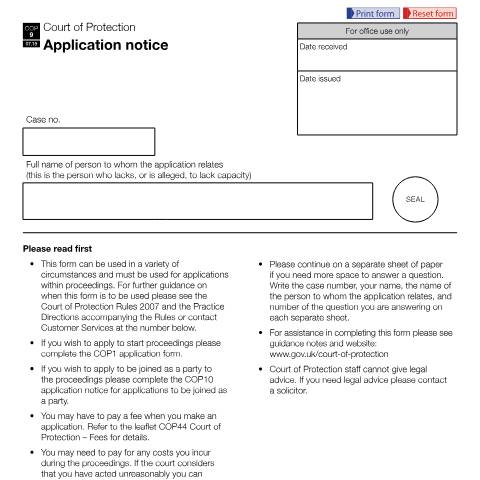 Document preview: Form COP9: Apply to make decisions on someone's behalf ('application notice') — HM Courts & Tribunals Service, United Kingdom