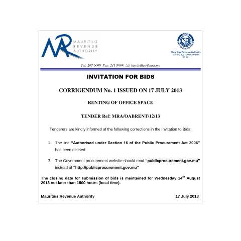 Document preview: Corrigendum No. 1 - Renting of Office Space (17.07.2013) — Document, Mauritius (CERFA n°CorrigendumNo1InvitationBidOABRENT)