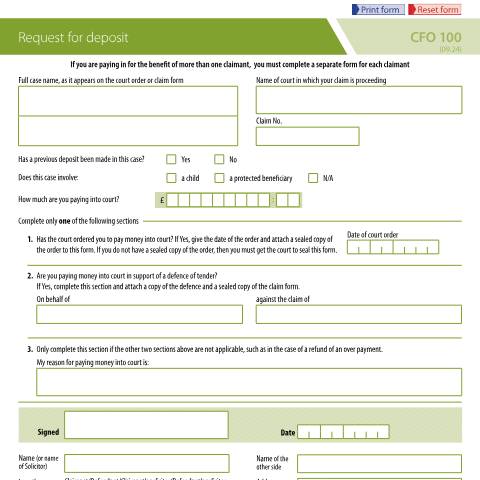 Document preview: Court funds: request for deposit — Ministry of Justice, United Kingdom
