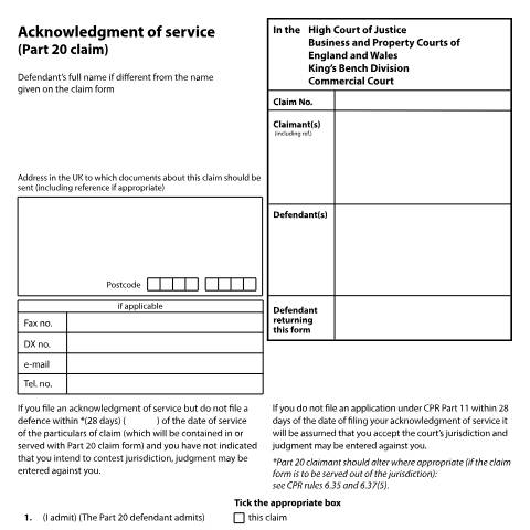 Document preview: Acknowledge service of a CPR Part 20 claim in the Commercial Court: Form N213(CC) — HM Courts & Tribunals Service, United Kingdom