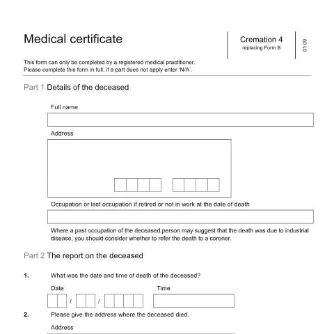 Document preview: Cremation medical certificate for deaths that occurred in Scotland, Northern Ireland or the British Islands — Ministry of Justice, United Kingdom