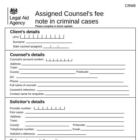 Document preview: CRM8: assigned counsel's fee note — Legal Aid Agency, United Kingdom