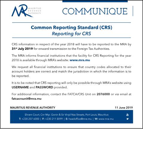 Document preview: Reporting of CRS (11.06.19) — Publication, Mauritius (CERFA n°CRS110619)
