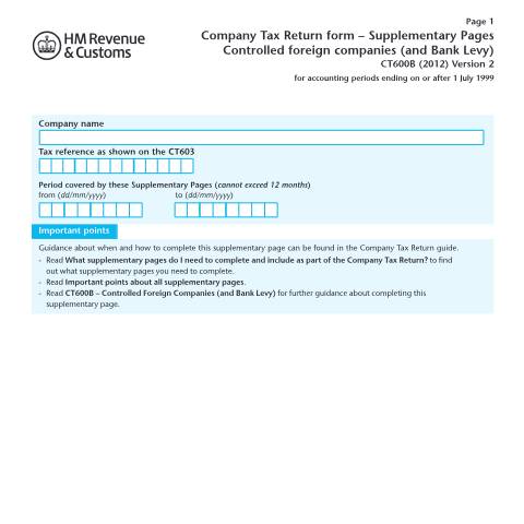 Document preview: Corporation Tax: controlled foreign companies (and bank levy) (CT600B (2012) Version 2) — HM Revenue & Customs, United Kingdom