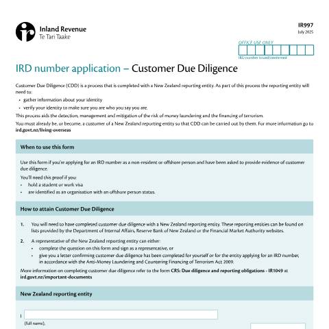 Document preview: Customer due diligence — Managing my tax, New Zealand (CERFA n°IR997)