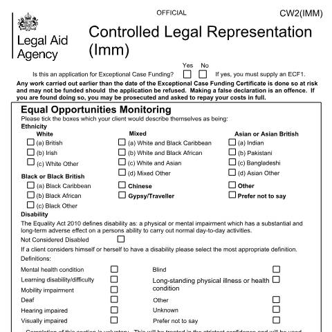 Document preview: CW2 (IMM) for representation, disbursement limit extension (CW3C), review of refusal (CW4): immigration forms — Legal Aid Agency, United Kingdom
