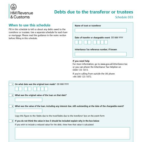 Document preview: Tell HMRC about debts owed at the time of the chargeable event (D33) — HM Revenue & Customs, United Kingdom