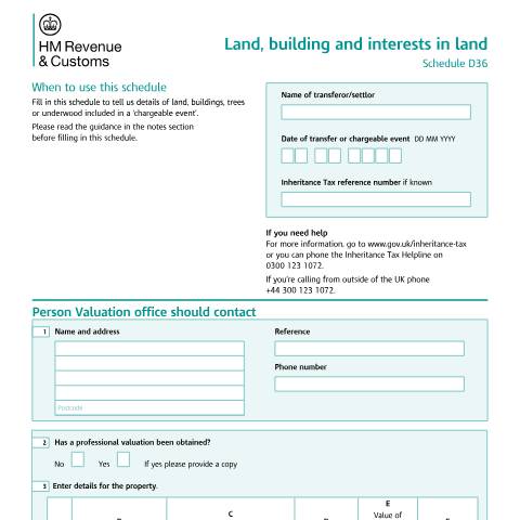 Document preview: Tell HMRC about land and buildings included in a chargeable event (D36) — HM Revenue & Customs, United Kingdom