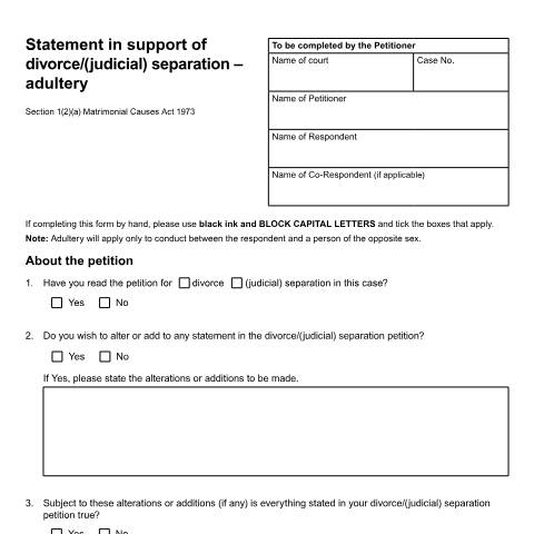 Document preview: Form D80: statement in support of an application for divorce or judicial separation (applications issued before April 2022) — HM Courts & Tribunals Service, United Kingdom