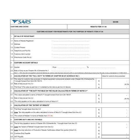 Document preview: DA 199 – Rebate item 317 04 – Customs account for registrants for the purpose of rebate item 317 04 – External Account — PDF Forms, South Africa (CERFA n°DA 199)