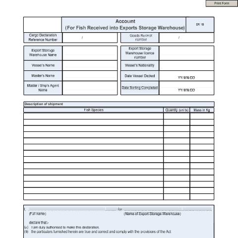 Document preview: DA 1B – Account for fish received into Exports Storage Warehouse – External Form — PDF Forms, South Africa (CERFA n°DA 1B)