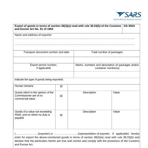 Document preview: DA 306A – Export of goods ito section 38(3)(a) read with rule 38 — PDF Forms, South Africa (CERFA n°DA 306A)