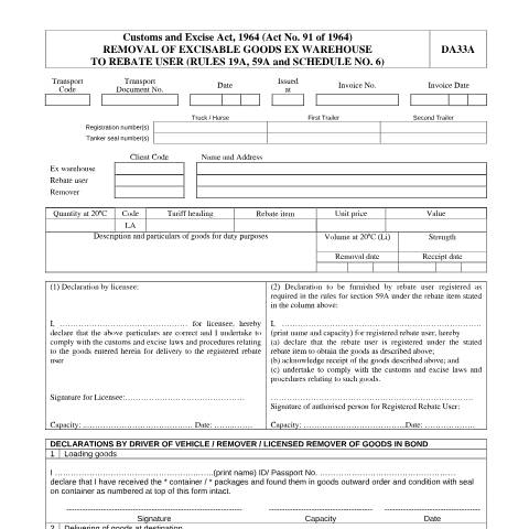 Document preview: DA 33A – Removal of Excise Goods Ex Warehouse to Rebate User – External Form — PDF Forms, South Africa (CERFA n°DA 33A)