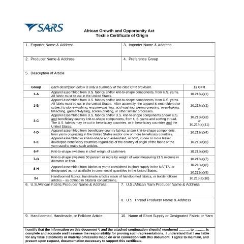Document preview: DA 46A1 01 – AGOA Textile Certificate of Origin – External Form — PDF Forms, South Africa (CERFA n°DA 46A1 01)