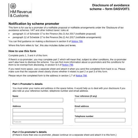 Document preview: Tax avoidance: tell HMRC about an indirect tax scheme you promote (DASVOIT1) — HM Revenue & Customs, United Kingdom