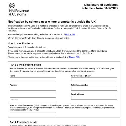 Document preview: Tax avoidance: tell HMRC about your indirect tax scheme  (DASVOIT2) — HM Revenue & Customs, United Kingdom