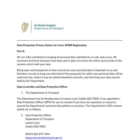 Document preview: Data Protection — privacy notice epirb registration form — Department of Transport, Ireland