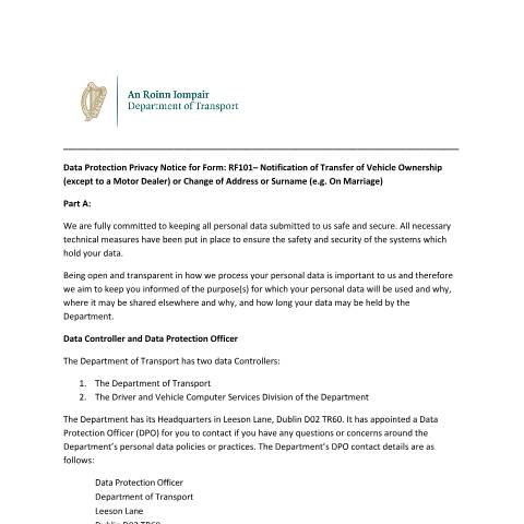 Document preview: Data Protection — 73b960da data protection privacy notice for form rf101 notification of transfer of veh — Department of Transport, Ireland (CERFA n°RF101)
