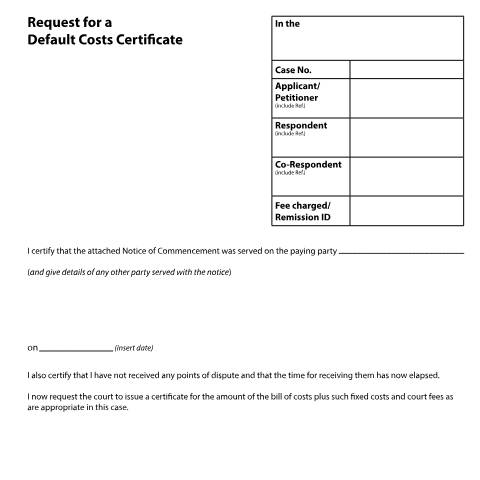 Document preview: Request for a Default Costs Certificate: Form D254 — HM Courts & Tribunals Service, United Kingdom