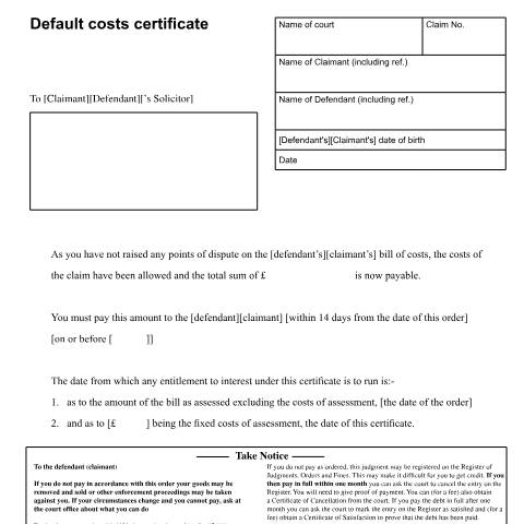 Document preview: Default costs certificate: Form N255 — HM Courts & Tribunals Service, United Kingdom