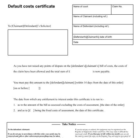 Document preview: Default costs certificate: Form N255HC — HM Courts & Tribunals Service, United Kingdom