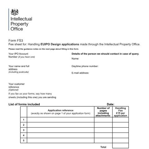 Document preview: Fee sheet for registered community design applications — Intellectual Property Office, United Kingdom