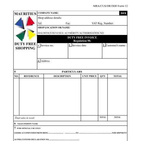 Document preview: DF8 - Duty Free Invoice — Document, Mauritius (CERFA n°DF8Duty3INVOICE)