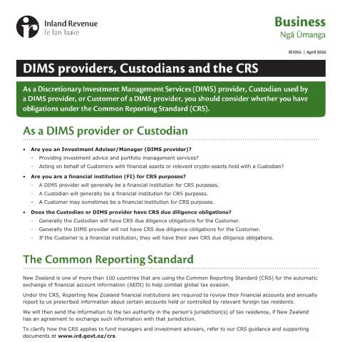 Document preview: DIMS providers, Custodians, and the CRS — International, New Zealand (CERFA n°IR1055)
