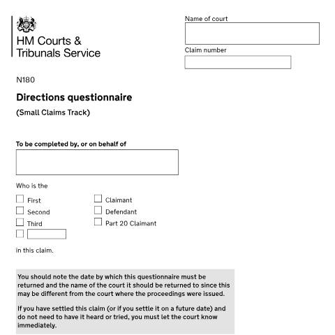 Document preview: Directions questionnaire - small claims track: Form N180 — HM Courts & Tribunals Service, United Kingdom