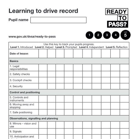 Document preview: Record your pupils’ progress learning to drive (driver’s record) — Driver and Vehicle Standards Agency, United Kingdom
