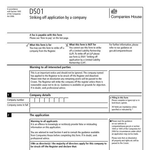Document preview: Strike off a company from the register (DS01) — Companies House, United Kingdom